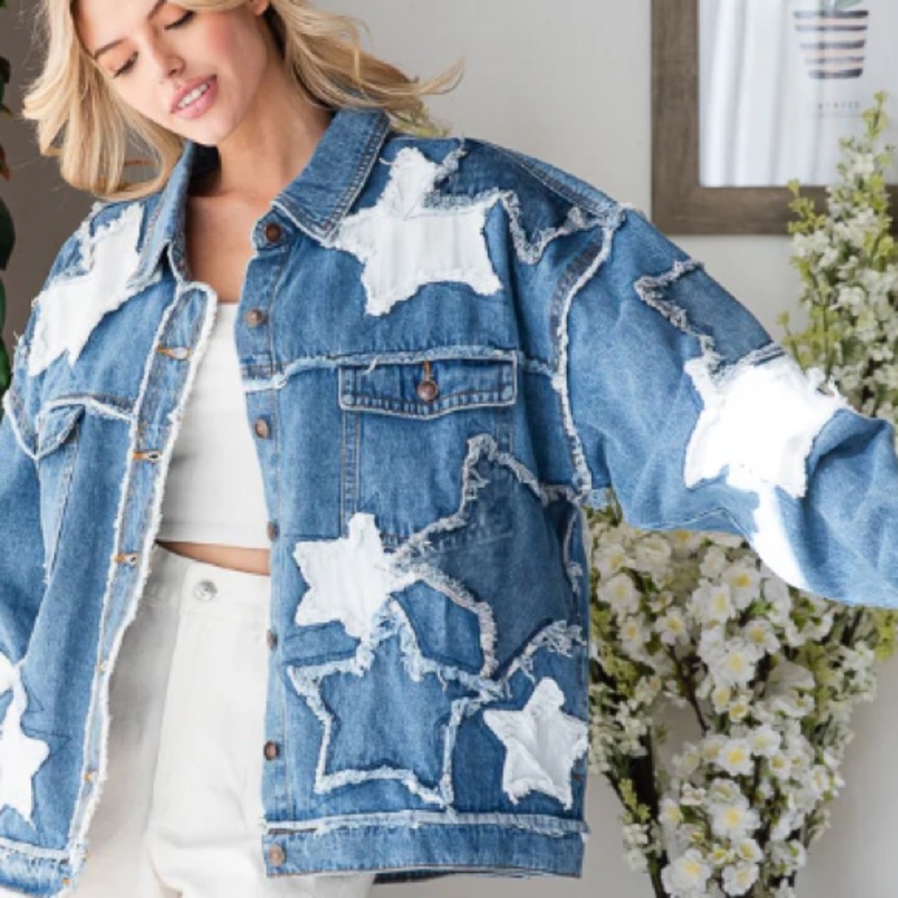 444. OLI & HALI Denim oversized WASHED STAR PATCHWORK DENIM JACKET - Picture 6 of 7